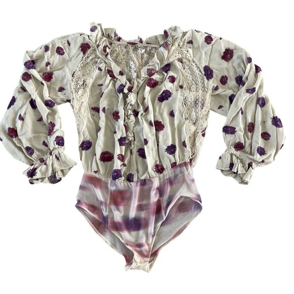 Intimately Free People Poppy Floral Printed Bodysuit Cream Lace Ivory Ruffle S - Picture 2 of 9
